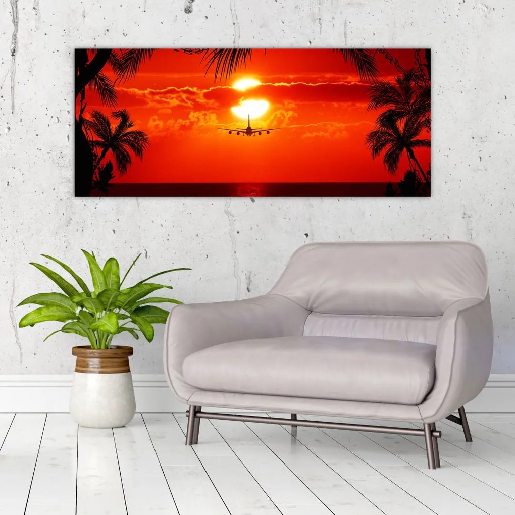 Tablou - apus de soare cu avion (120x50 cm)