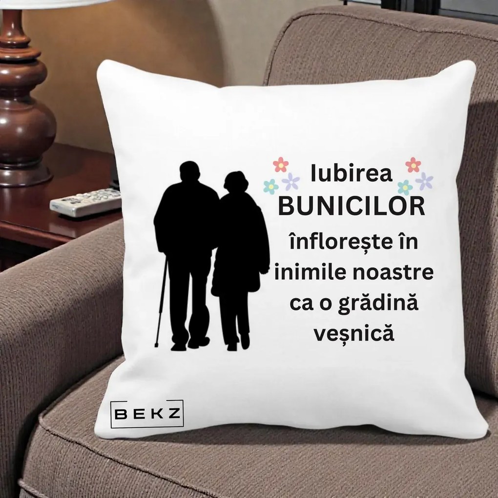 Cadou pentru Bunici - Perna Personalizata Bunicii Iubirea Infloreste Silueta Neagra Flori, 40x40 cm, Alba Mata, Husa Detasabila, Perna Inclusa, BEKZ®