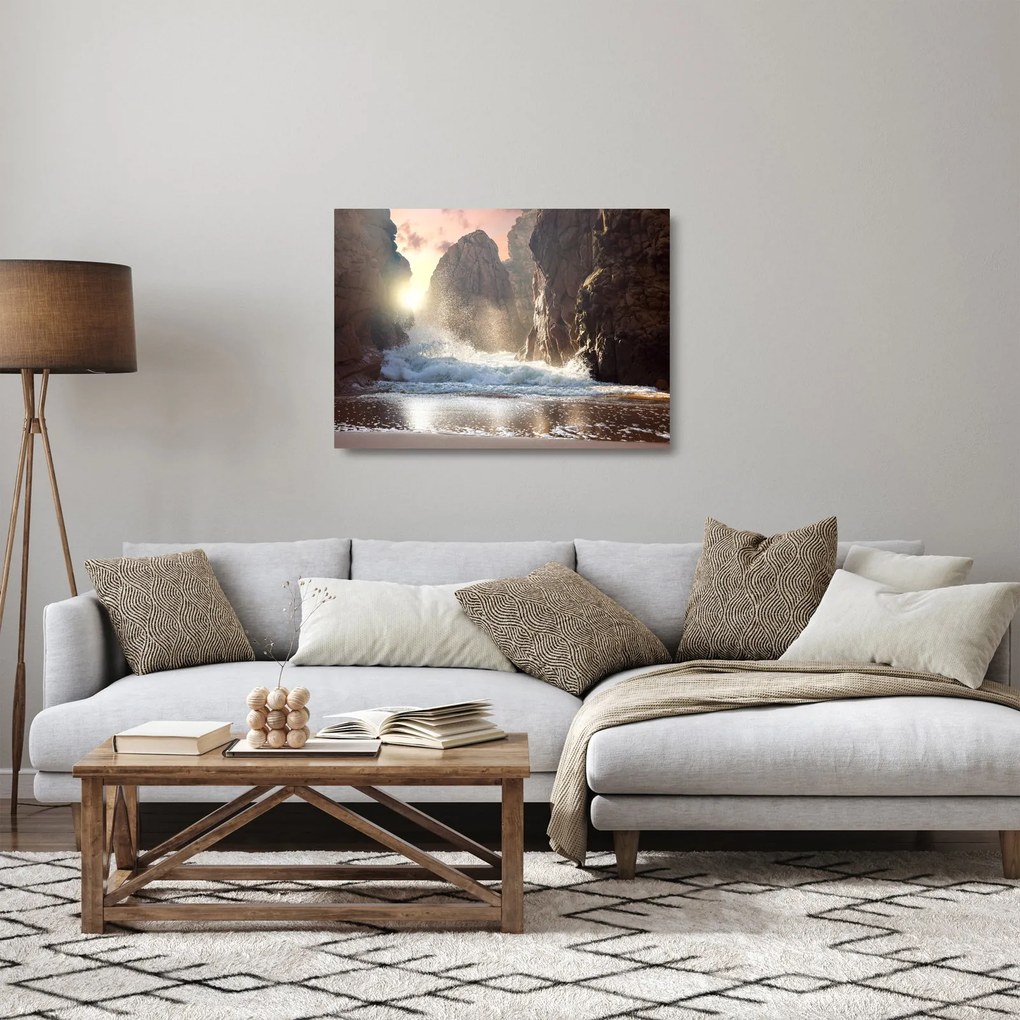 Tablou pe sticlă - Stânci și valuri ale oceanului (70x50 cm)