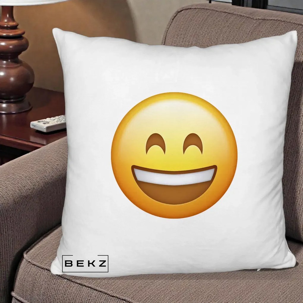 Perna Decorativa Emoji Zambet Mare, 40x40 cm, Alb Pufos, Husa Detasabila, Perna Inclusa, BEKZ®