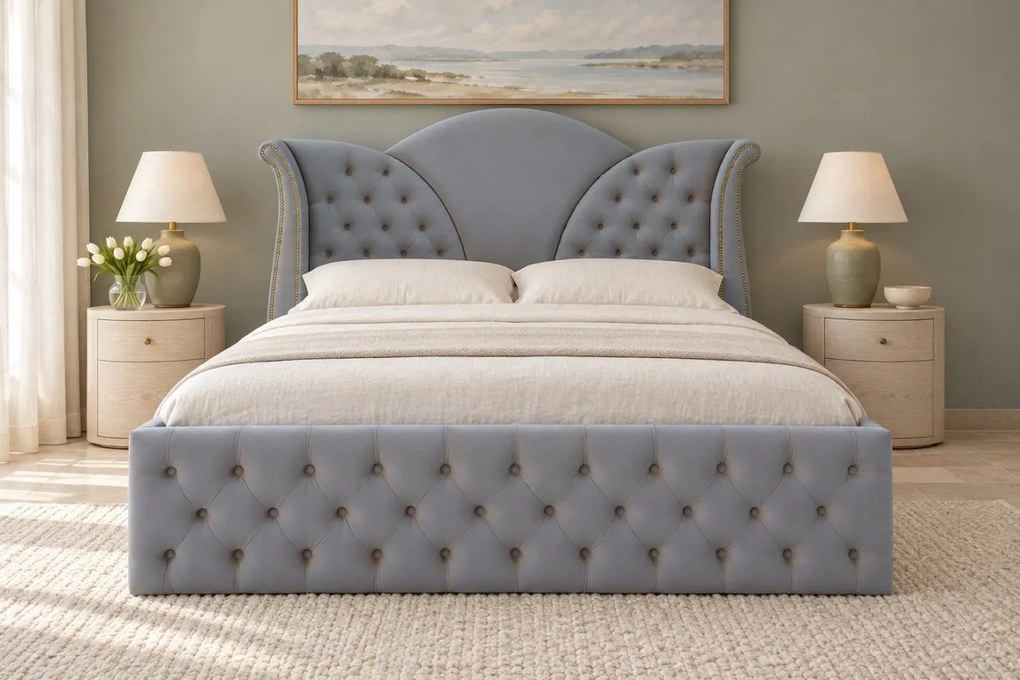 Pat tapițat Chesterfield din catifea Velora 140×200 cm, gri deschis, cu ladă de depozitare