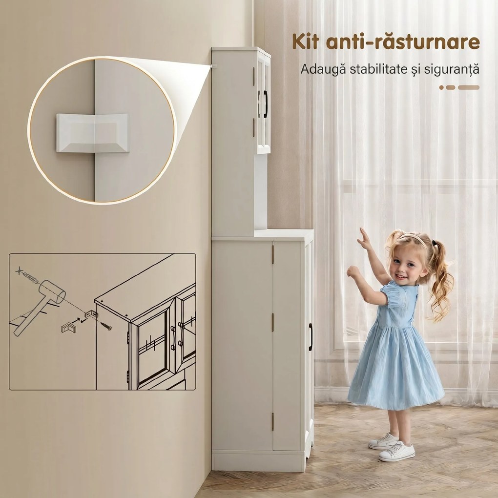 HOMCOM Mobilă de Depozitare pentru Bucătărie cu 2 Dulapuri și 8 Rafturi, din Lemn și Acrilic, 60x39.5x179.6 cm, Alb | Aosom Romania