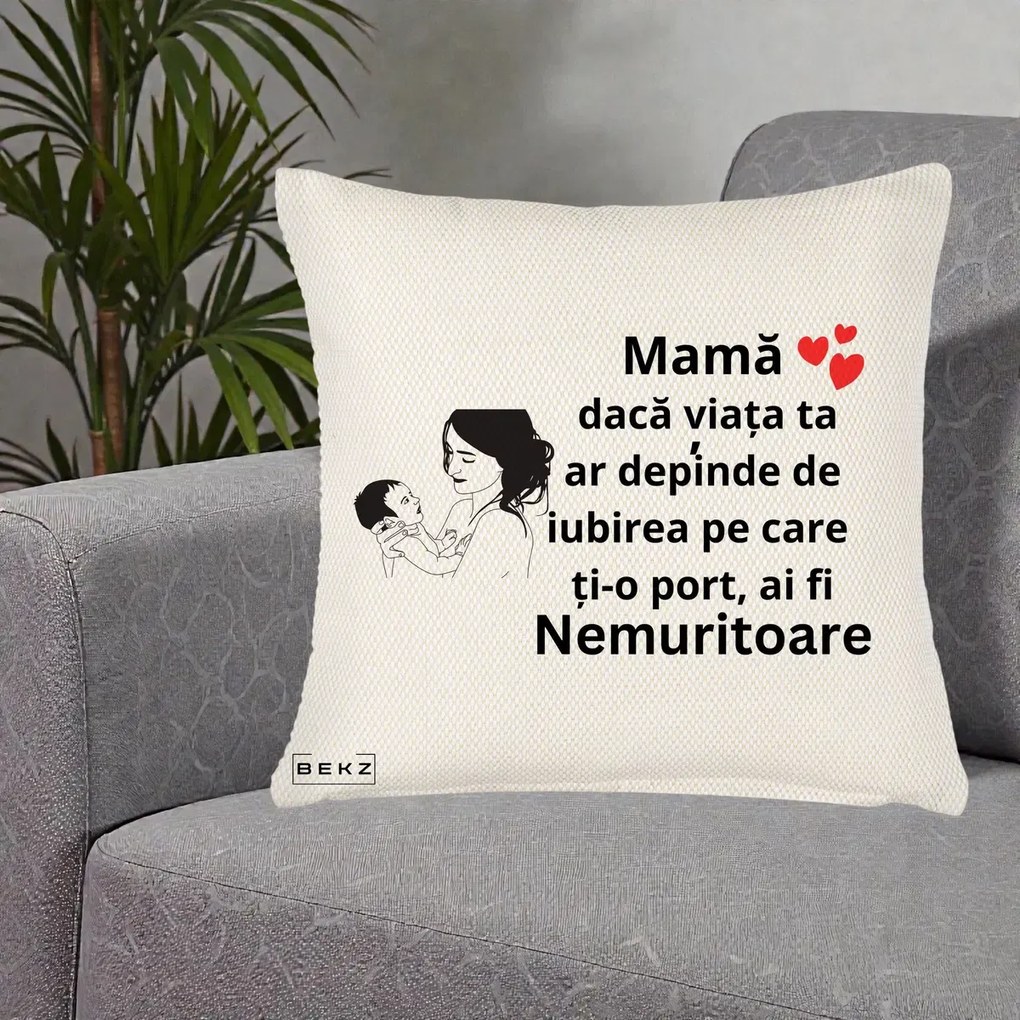 Cadou pentru Mama - Perna Personalizata Mama Nemuritoare Imbratisare Copil, 40x40 cm, Crem Reliefat, Husa Detasabila, Perna Inclusa, BEKZ®