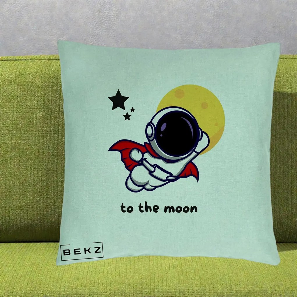 Perna Decorativa Astronaut To The Moon, 40x40 cm, Verde Menta, Husa Detasabila, Perna Inclusa, BEKZ®