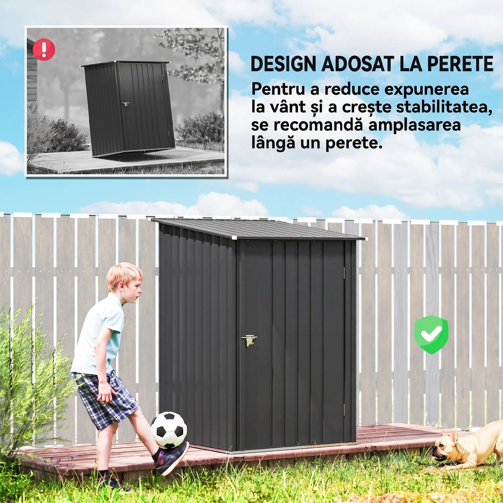 Outsunny Căsuță de Grădină 0,92m² din Oțel Galvanizat, Depozit pentru Unelte cu Ușă Blocabilă și Acoperiș Înclinat, 100x104x160 cm, Gri Închis | Aosom Romania