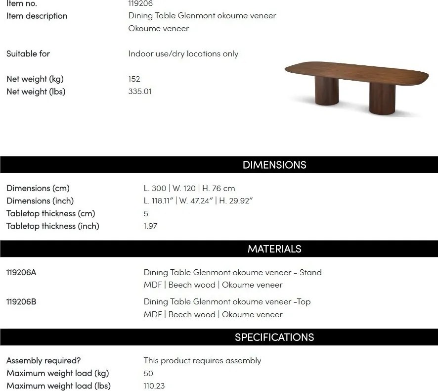 Masa Dining LUX din Lemn, Furnir Okoume, Glenmont 300x120cm