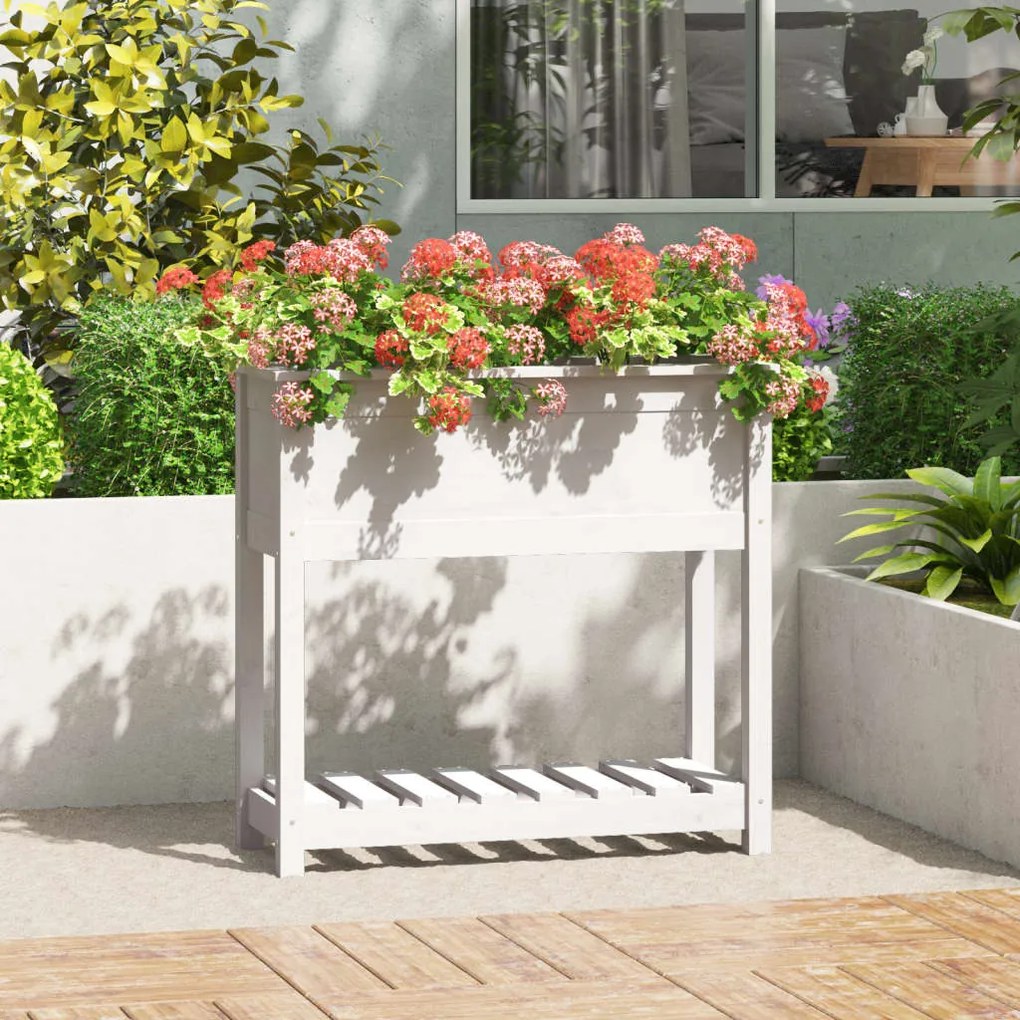vidaXL Jardinieră cu raft, alb, 82,5x34,5x81 cm, lemn masiv de pin
