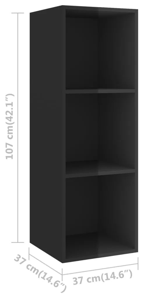 Dulap TV montat pe perete, negru extralucios, 37x37x107 cm, PAL 1, negru foarte lucios, 37 x 37 x 107 cm