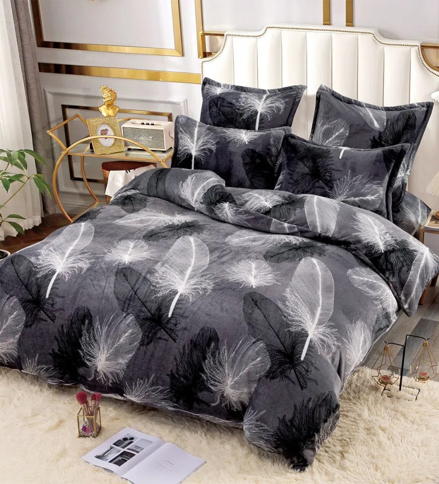 Lenjerie pufoasa cocolino cu 2 fete, pat 2 persoane, 6 piese, gri / negru, LCJ6-44