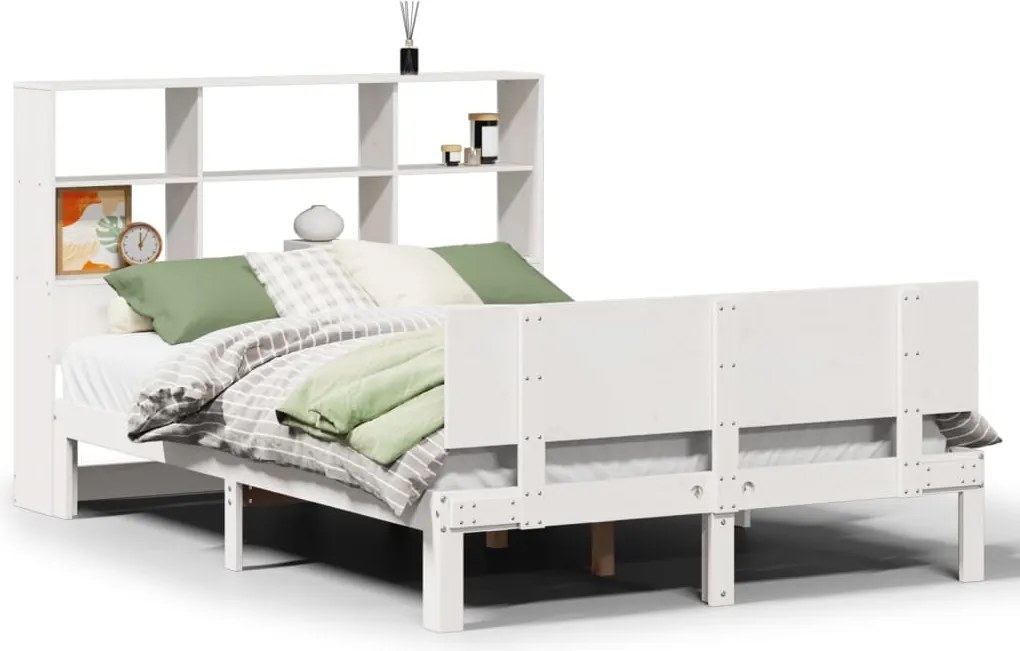 vidaXL Pat cu bibliotecă fără saltea, alb, 140x190 cm, lemn masiv pin