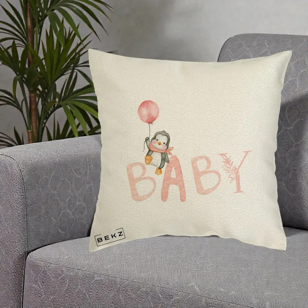Perna Personalizata Baby Pinguin Roz, 40x40 cm, Ecru, Husa Detasabila, Perna Inclusa, BEKZ®