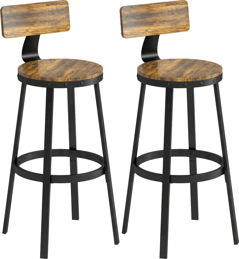 HOMCOM Set 2 Scaune de Bar, Șezuturi Rustice cu Spătar și Suport pentru Picioare, Maro Rustic | Aosom Romania