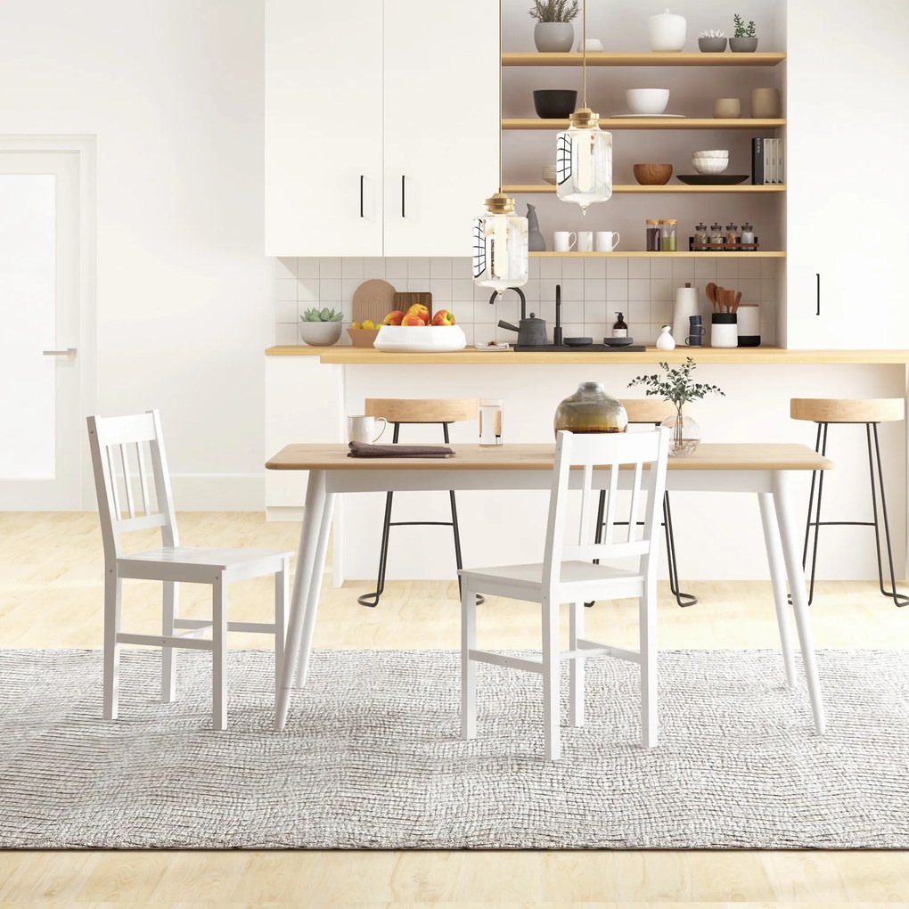 HOMCOM Set de 2 scaune de dining din lemn masiv, scaun de bucătărie, spătar lamele, stil casă de țară alb | Aosom Romania