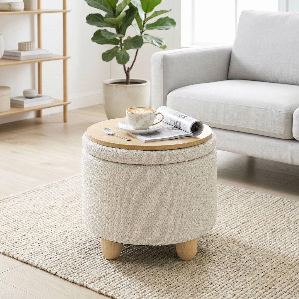 HOMCOM Taburet Rotund cu Spațiu de Depozitare, Capac, 19 L, Material Textil cu Aspect de Iută, 38,5x38,5x33,5 cm, Bej | Aosom Romania