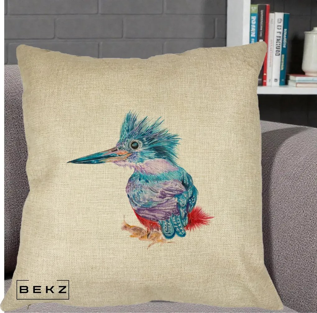 Perna Decorativa Pasare Martin Pescar Acuarela Albastru-Mov, 40x40 cm, Crem, Husa Detasabila, Perna Inclusa, BEKZ®