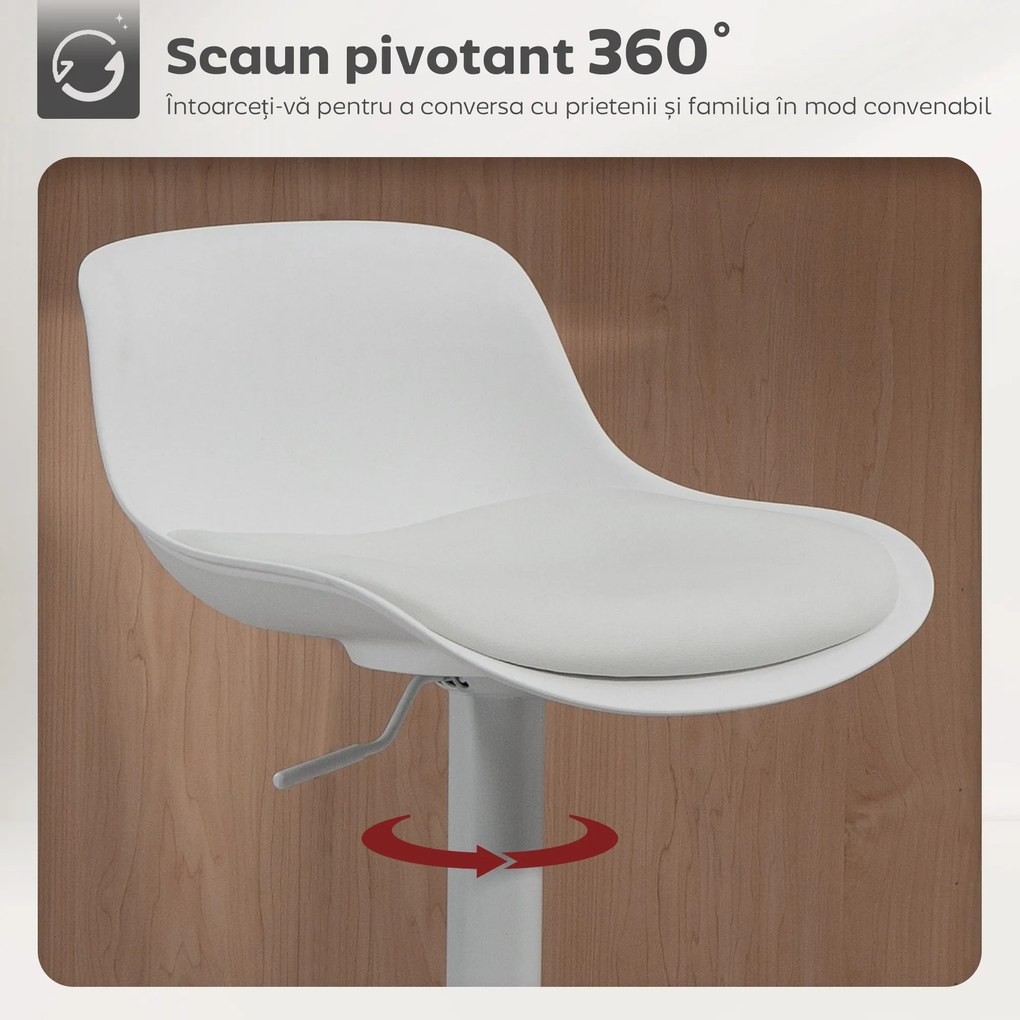 HOMCOM Set de 2 Scaune de Bar Rotative cu Spătar și Înălțime Reglabilă Alb | Aosom Romania