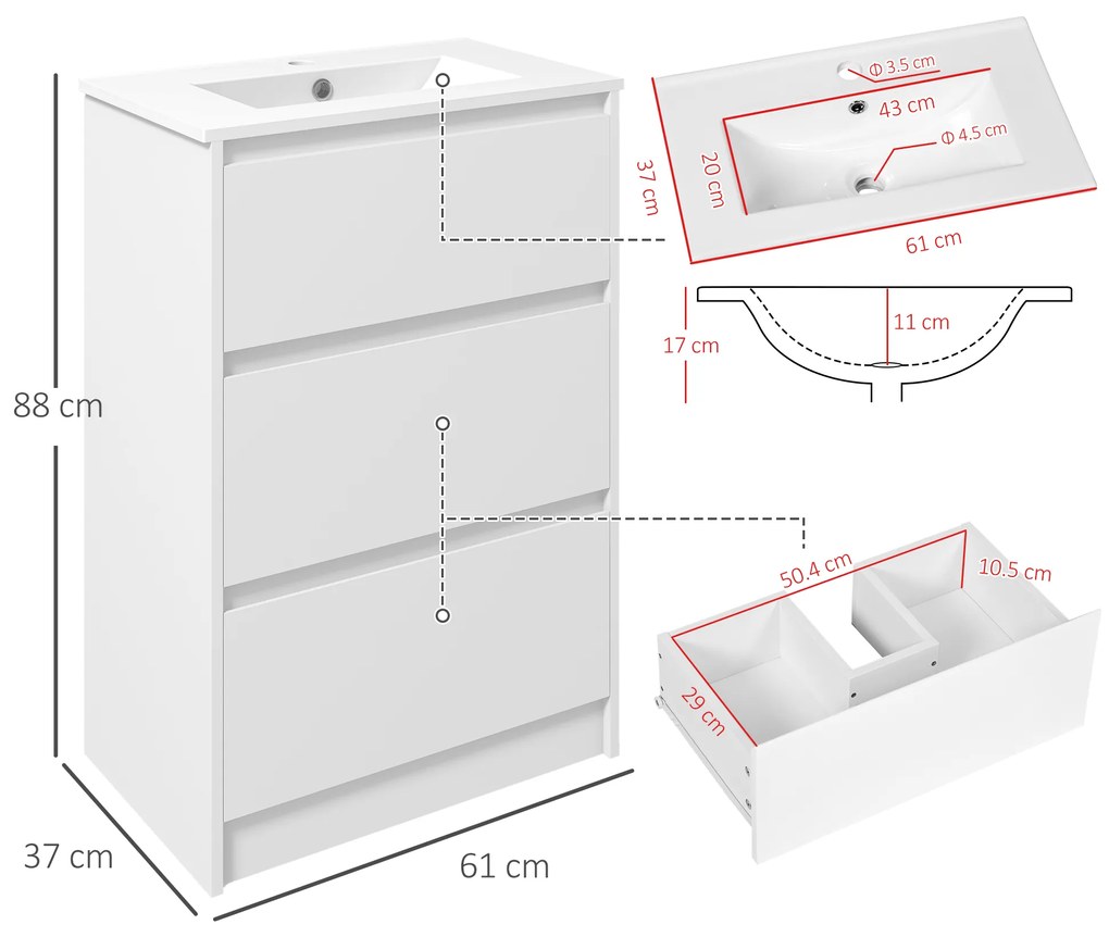 Kleankin Chiuvetă Baie Alb Lucios cu Sertare pentru Depozitare 610x370x880mm | Aosom Romania