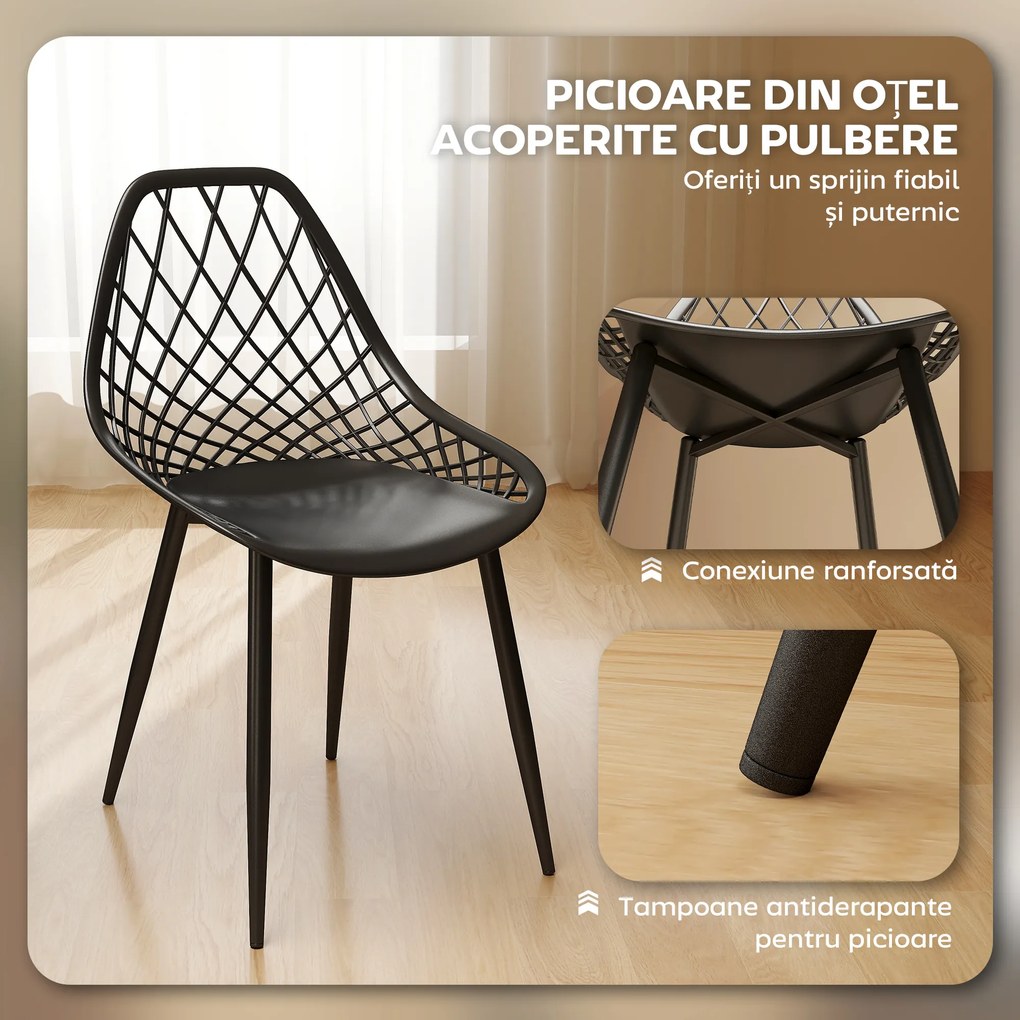 HOMCOM Set 4 Scaune Moderne cu Spătar Perforat Plastic și Metal Negru | Aosom Romania
