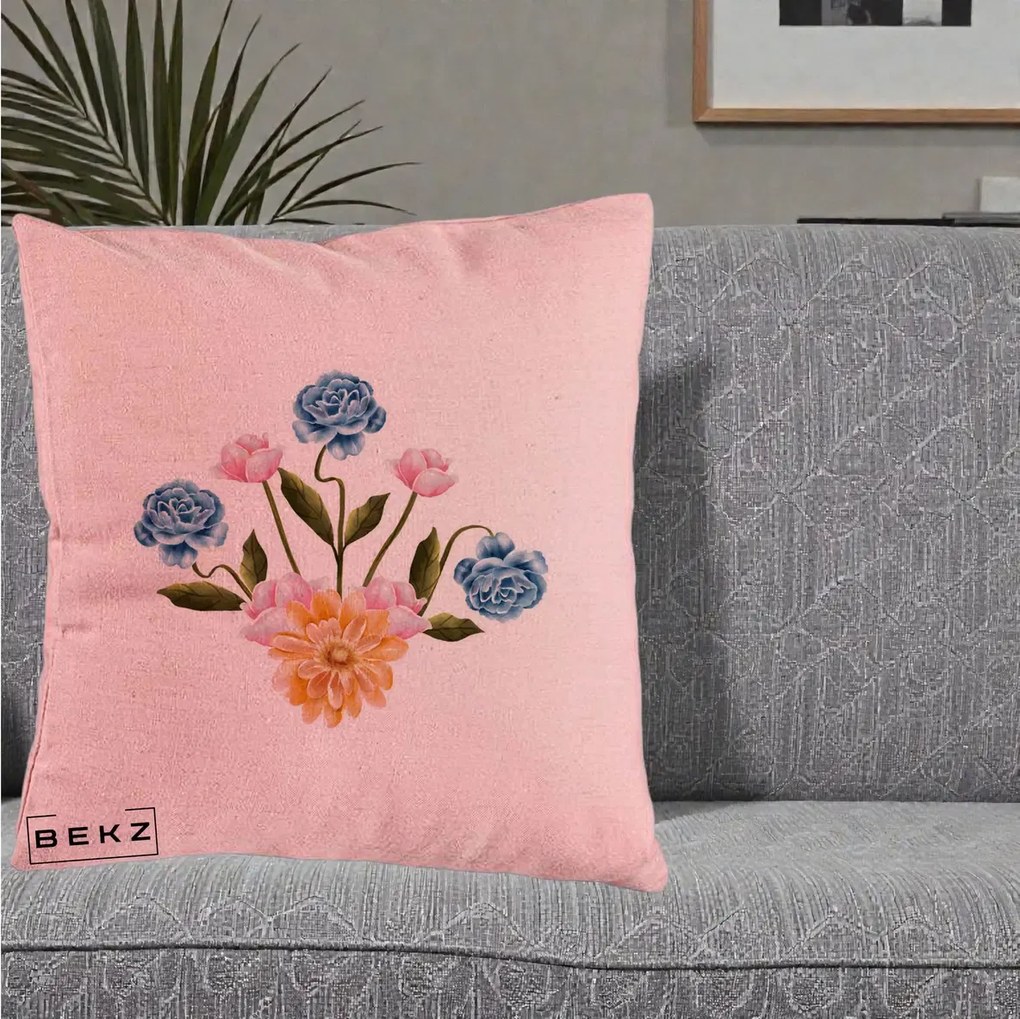 Perna Decorativa Buchet Primavara Acuarela, 40x40 cm, Roz, Husa Detasabila, Perna Inclusa, BEKZ®