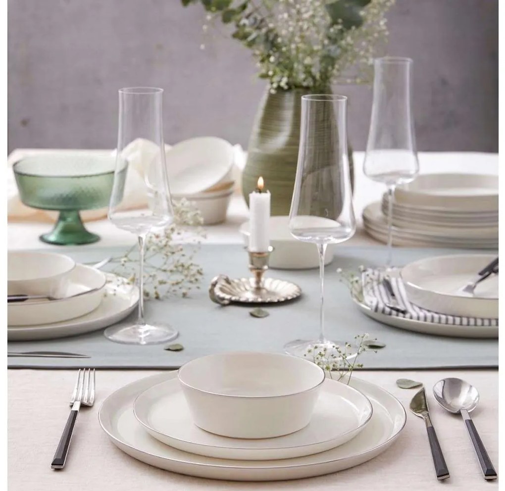 Set de masă 24 piese din porțelan, alb cu detalii argintate