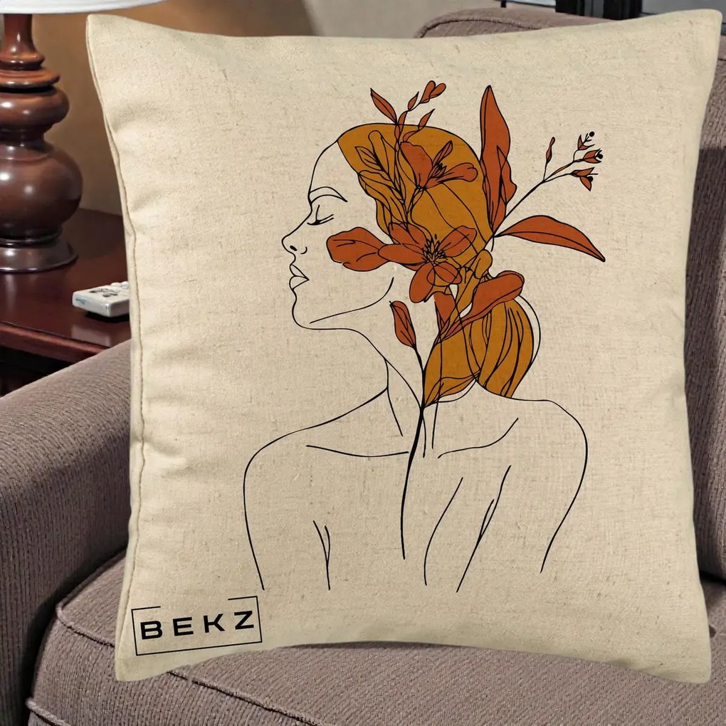Perna Decorativa Portret Feminin Crin Ruginiu Auriu, 40x40 cm, Bej, Husa Detasabila, Perna Inclusa, BEKZ®