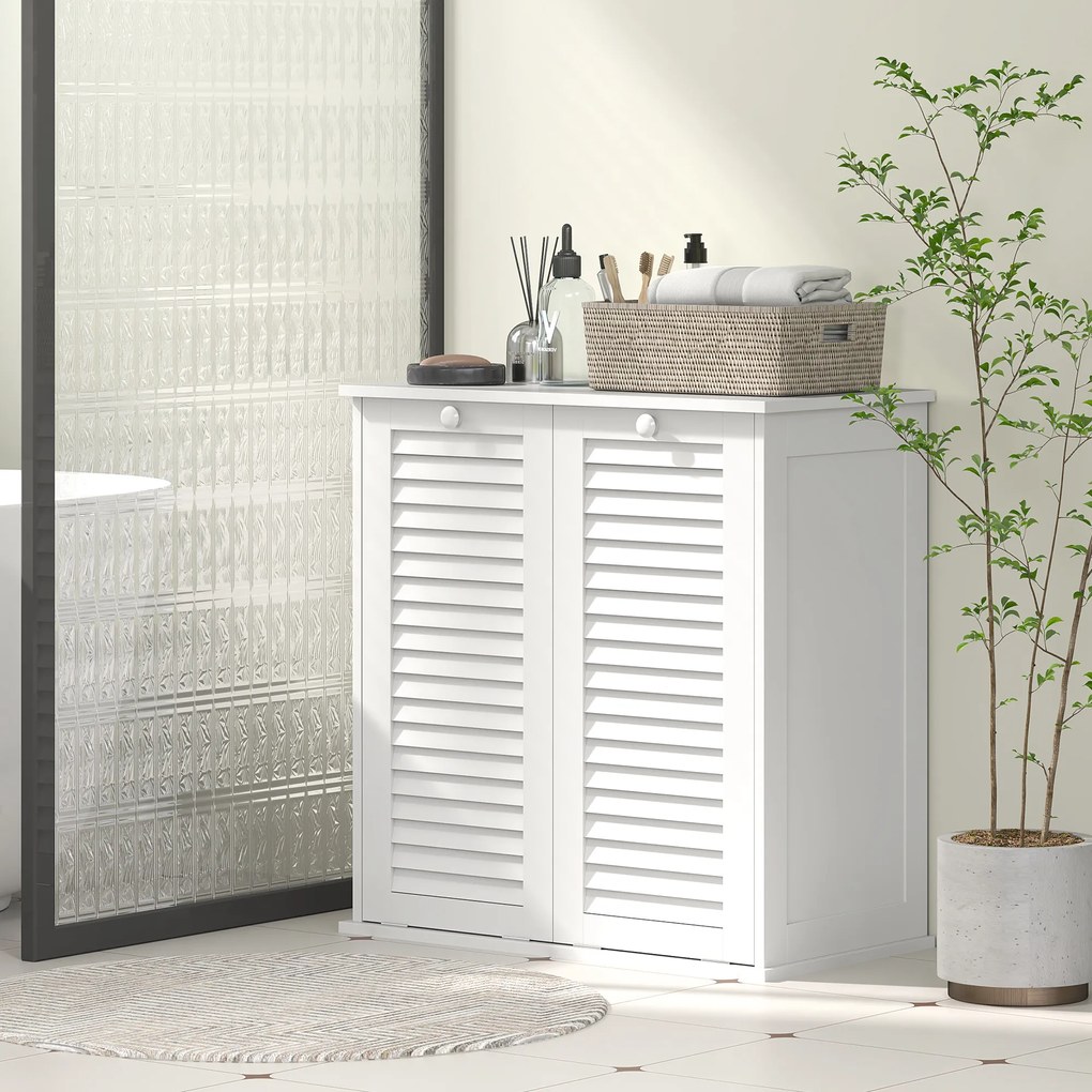 HOMCOM Dulap baie cu coș de rufe mobilier baie din lemn uși lamelare 2 coșuri 70 x 38 x 73 cm alb | Aosom Romania