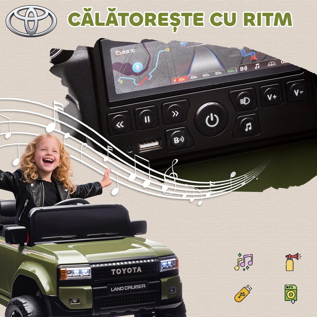 AIYAPLAY Auto Electric pentru Copii TOYOTA Land Cruiser 12V cu Telecomandă, Vârsta 3-8 Ani, Verde | Aosom Romania