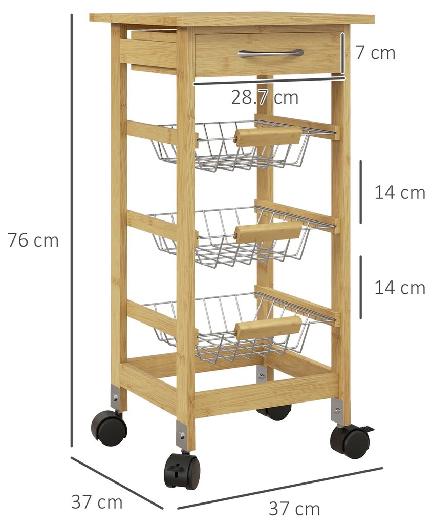 HOMCOM Cărucior de Bucătărie din Bambus Cărucior Mic de Bar pe Roți cu Sertar de Depozitare 3 Coșuri Metalice și Roți cu Blocare Natur | Aosom Romania