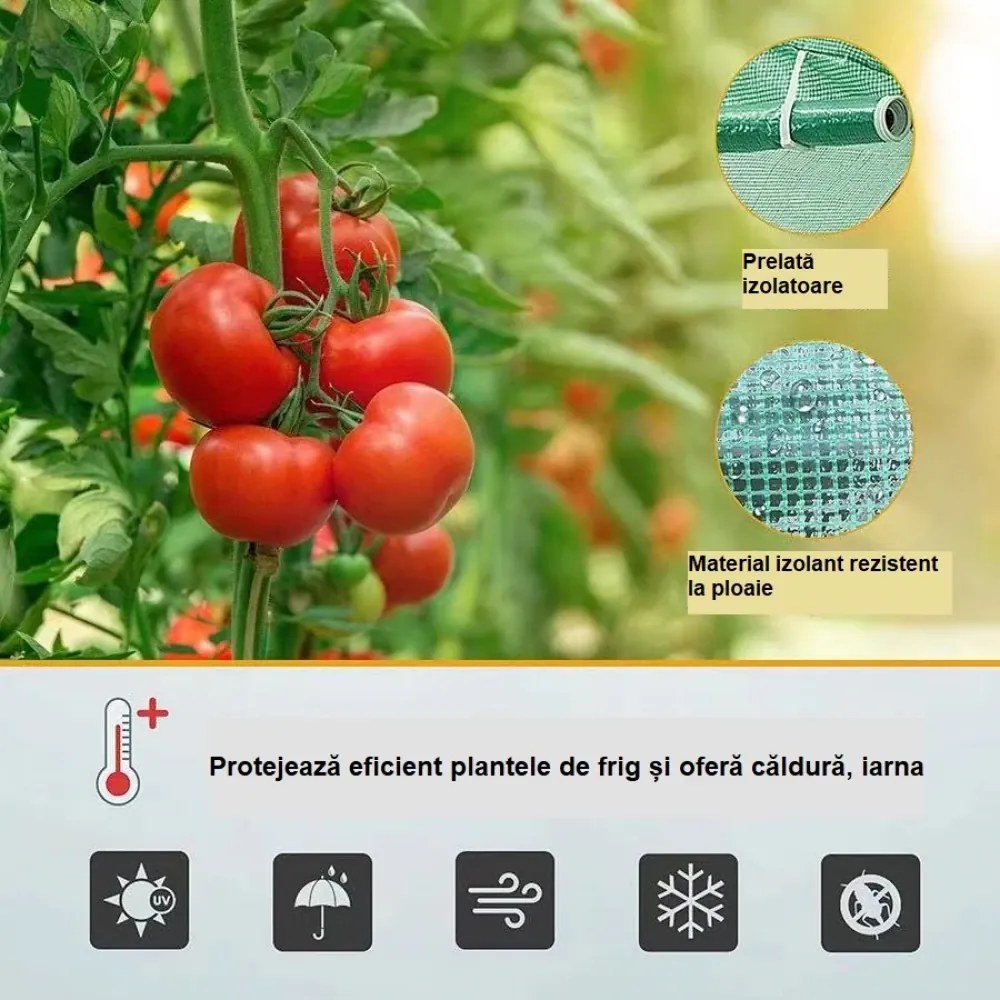 Solar de grădină, 4x12 m, 48 m², cadru din oțel, țeavă galvanizată, folie PE armată, 24 ferestre rulante, rezistent la UV, impermeabil, Verde, GH412,