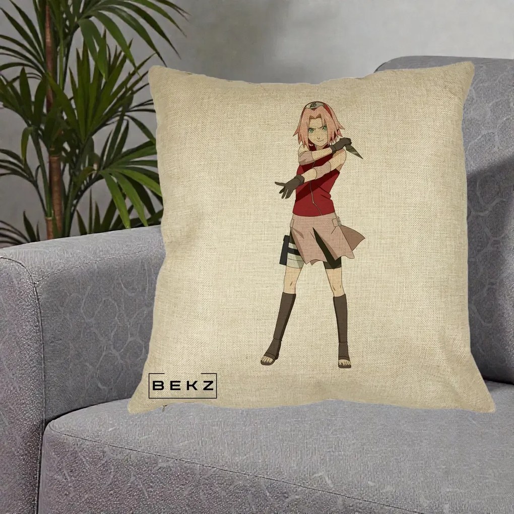 Perna Personalizata Naruto Sakura Haruno Portret, 40x40 cm, Crem, Husa Detasabila, Perna Inclusa, BEKZ®