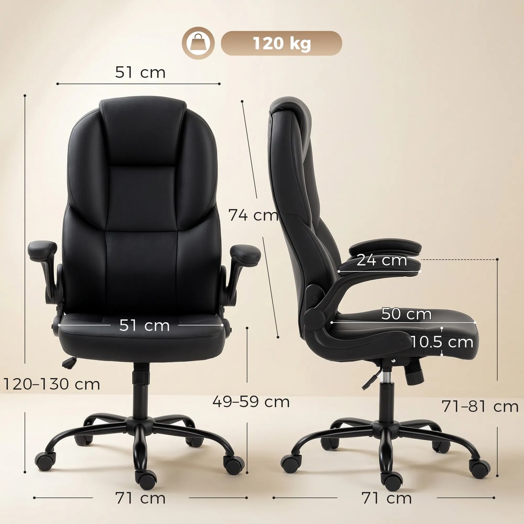 HOMCOM Scaun de Birou Rotativ, Funcție de Balansare, Suporturi Rabatabile pentru Brațe, Spătar Înalt, Înălțime Reglabilă, Negru | Aosom Romania