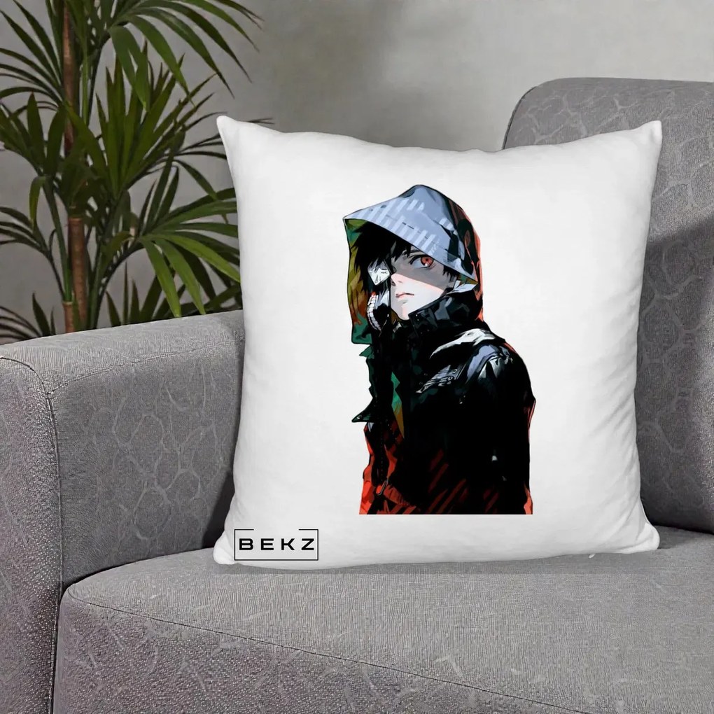 Perna Personalizata Tokyo Ghoul Ken Kaneki cu Masca si Gluga, 40x40 cm, Alb Pufos, Husa Detasabila, Perna Inclusa, BEKZ®