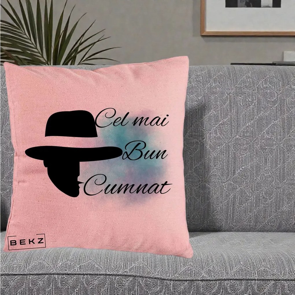 Cadou pentru Cumnat - Perna Personalizata Cel mai Bun Cumnat cu Silueta Palarie si Pete Teal-Roz, 40x40 cm, Roz, Husa Detasabila, Perna Inclusa, BEKZ®