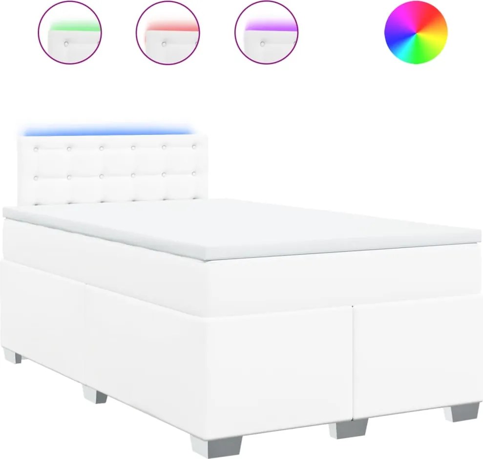 vidaXL Pat box spring cu saltea, alb, 120x200 cm, piele ecologică