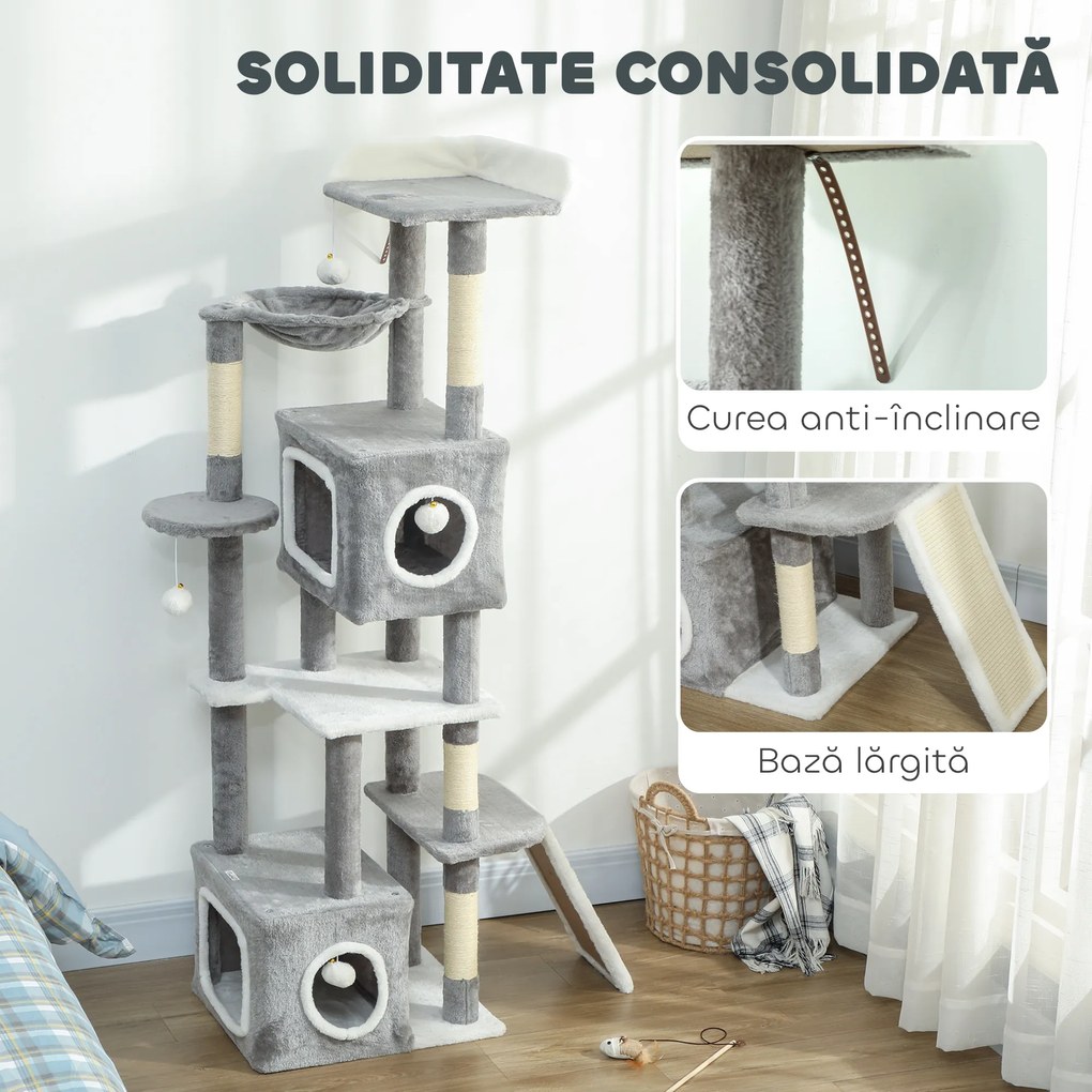 PawHut Arborele pentru Pisici cu Căsuțe, Rampe, Stinghie și 4 Mingi, Gri | Aosom Romania