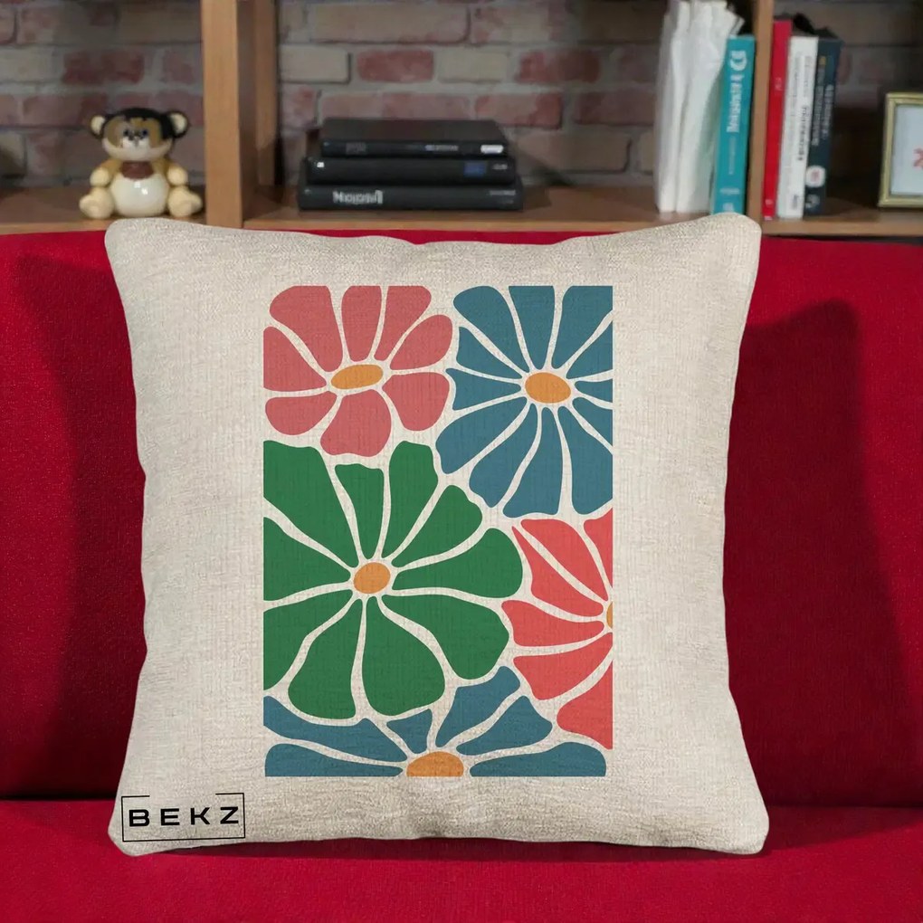 Perna Decorativa Flori Grafice Verde-Roz-Albastru, 40x40 cm, Bej Canapea, Husa Detasabila, Perna Inclusa, BEKZ®