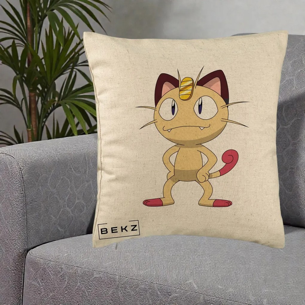 Perna Personalizata Meowth Pokemon, 40x40 cm, Bej, Husa Detasabila, Perna Inclusa, BEKZ®