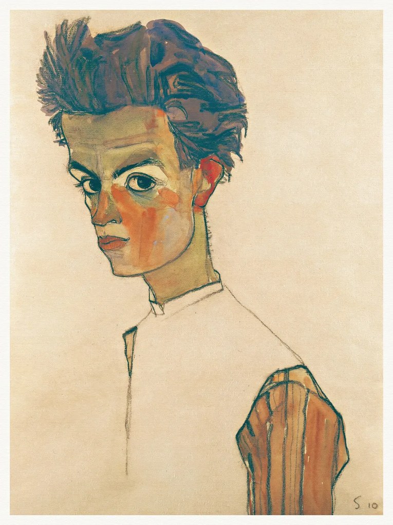 Artă imprimată Man in Striped Shirt (Male Self Portrait) - Egon Schiele, (30 x 40 cm)