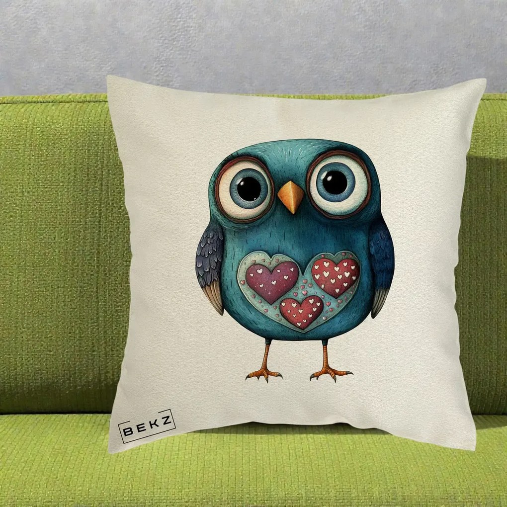 Perna Decorativa Bufnita Teal cu Doua Inimi, 40x40 cm, Ecru, Husa Detasabila, Perna Inclusa, BEKZ®