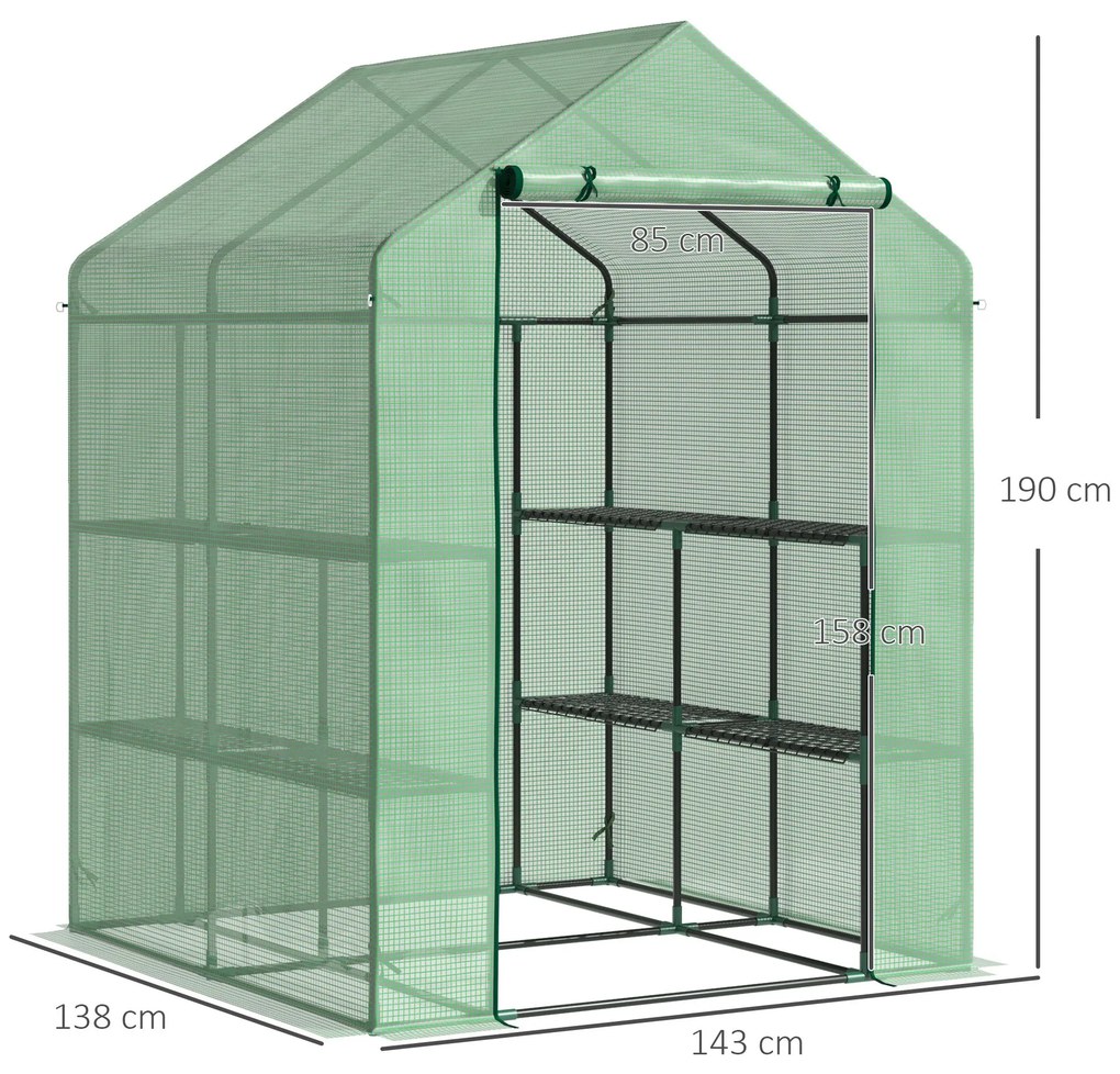Outsunny Seră de Grădină cu Rafturi, Protecție din PE și Ușă Rulantă, 143x138x190 cm, Verde | Aosom Romania