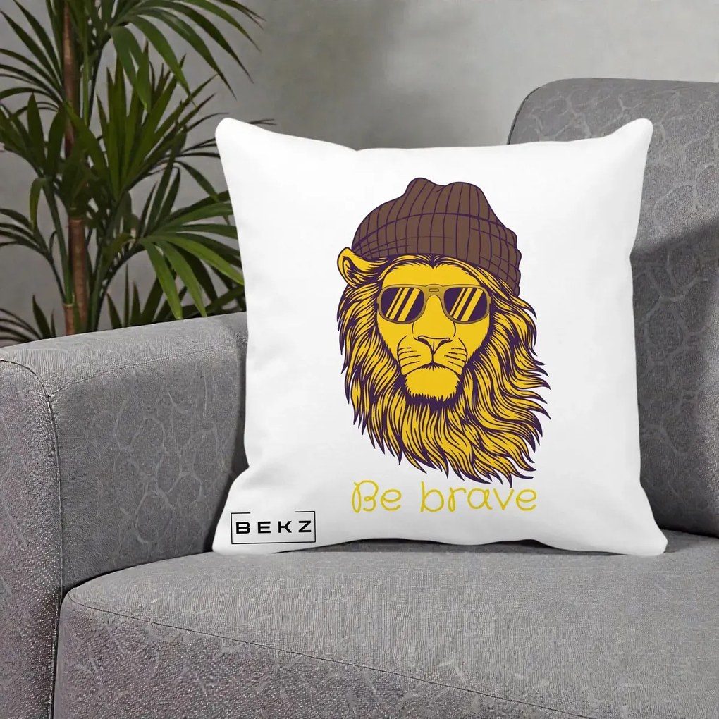 Perna Decorativa Leu Hipster Be Brave, 40x40 cm, Alba Mata, Husa Detasabila, Perna Inclusa, BEKZ®
