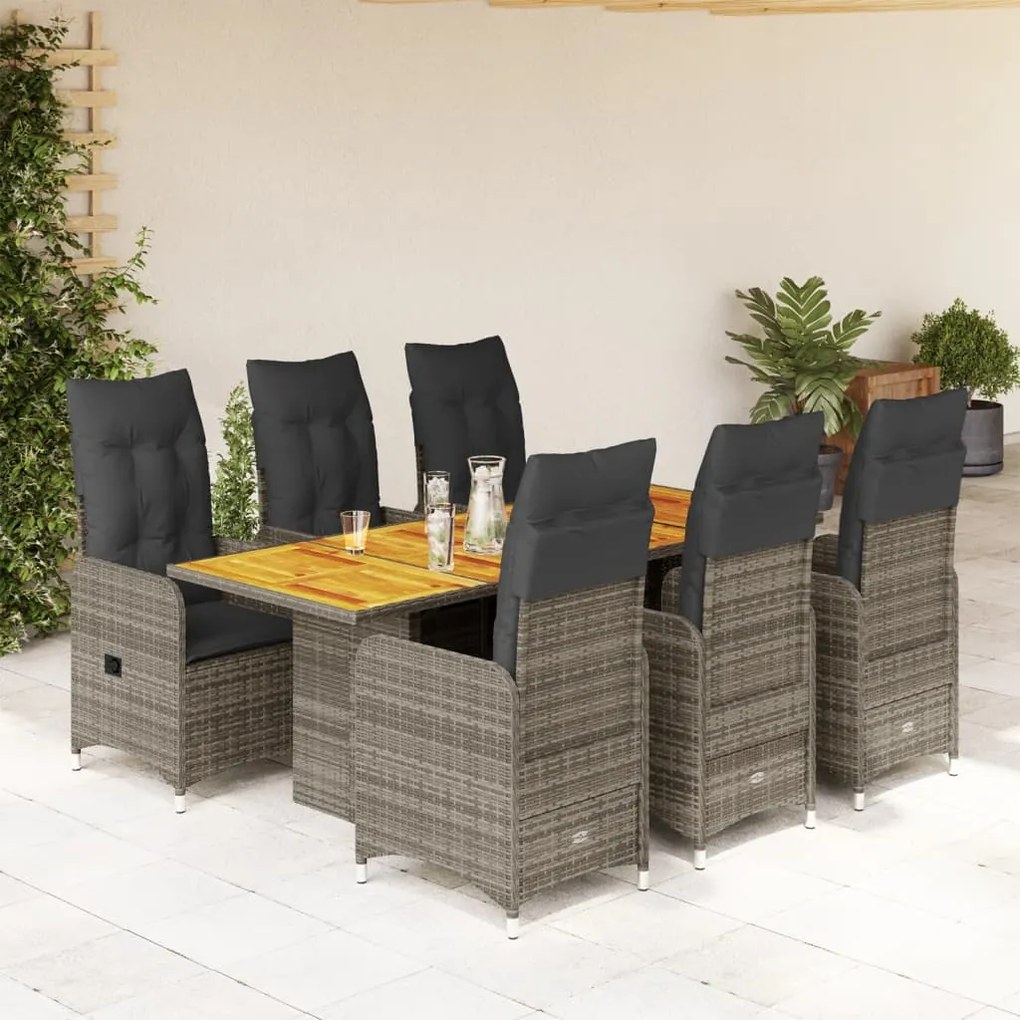 3277028 vidaXL Set bistro de grădină cu perne, 7 piese, gri, poliratan