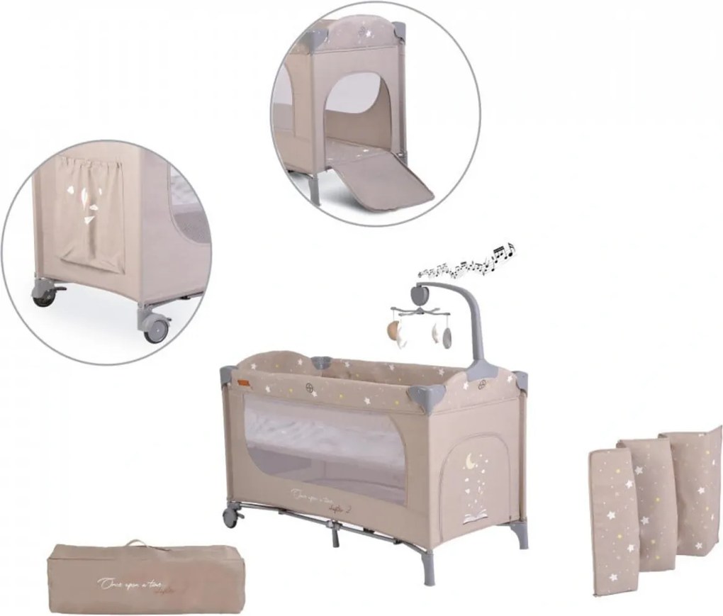 Patut pliant transformabil in tarc copii NOVOKIDS™ Onceuponatime NEST, 62X125 cm, 2 Niveluri, Jucarie Carusel muzical, Fermoar acces lateral, Bej