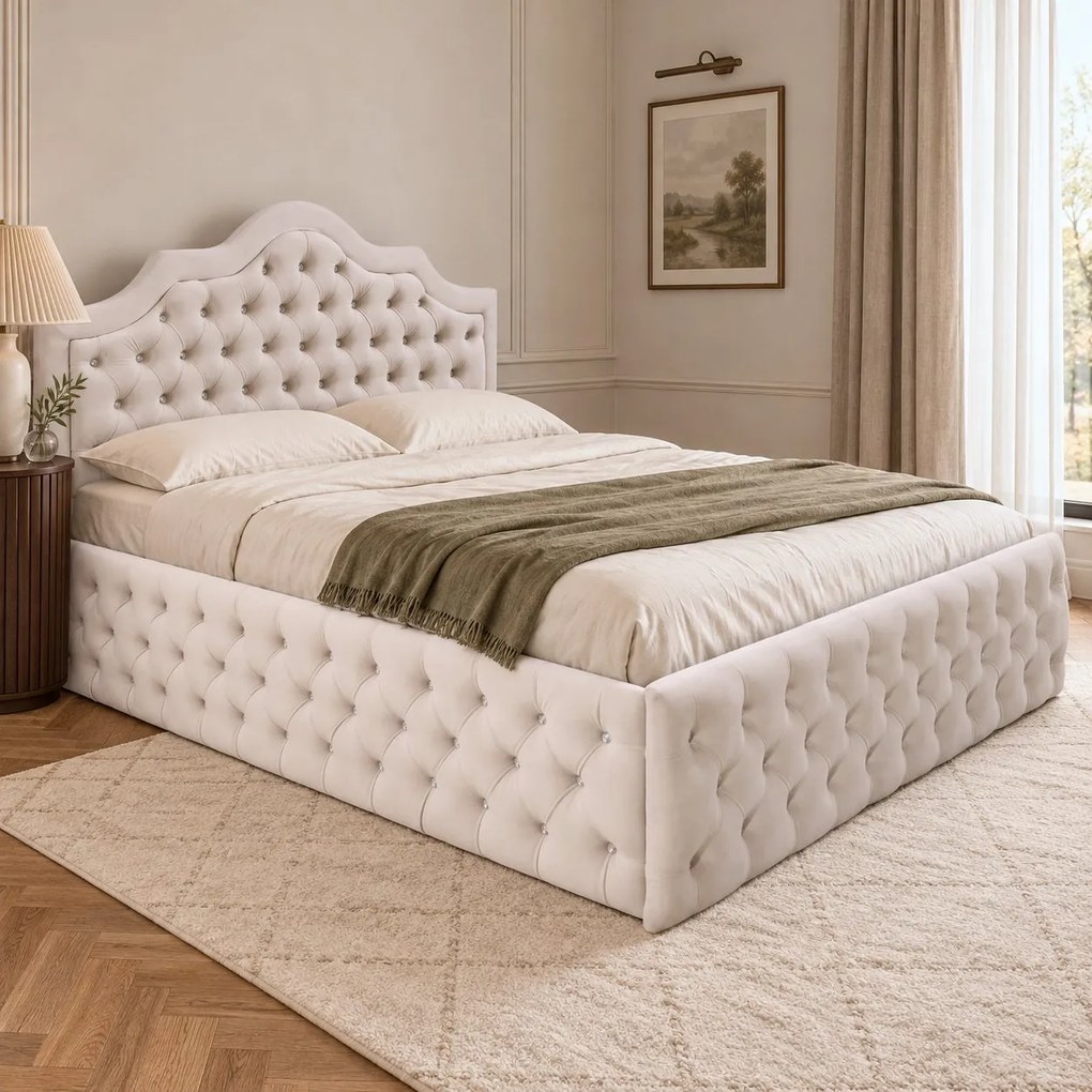 Pat tapițat Chesterfield din catifea Imperio Deluxe 180×200 cm, crem, cu ladă de depozitare