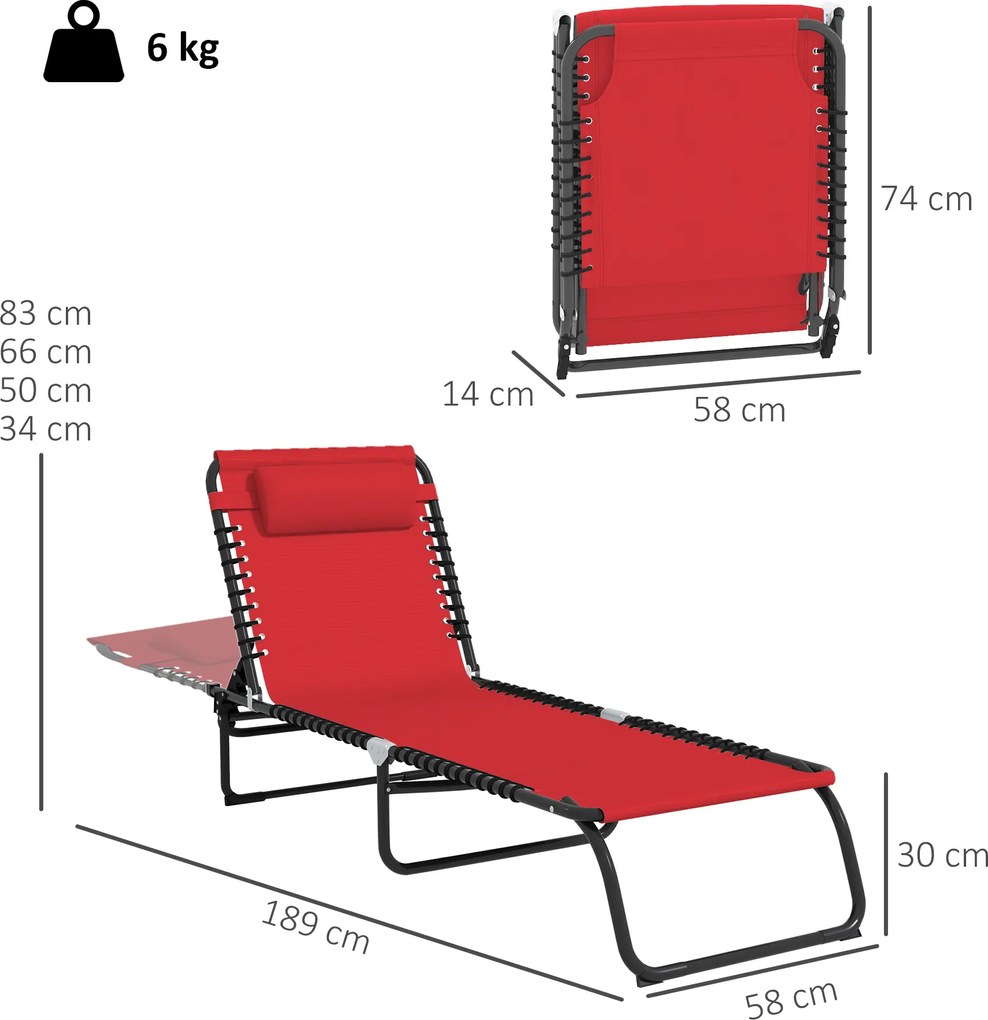 Outsunny Șezlong pliabil cu spătar reglabil multi-poziții, oțel termoplastic, șireturi elastice, textilenă neagră, roșu | Aosom Romania