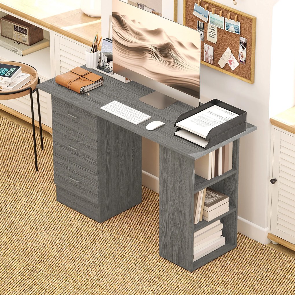 HOMCOM Birou modern cu 3 Sertare si Rafturi in Lemn Alb 120x49x72cm | Aosom Romania