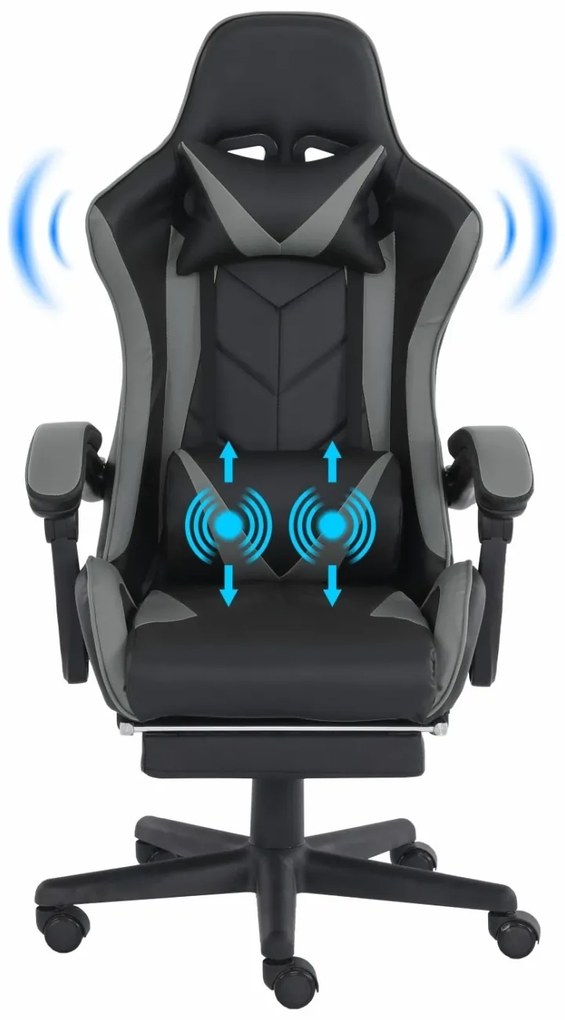 RESIGILAT- Scaun gaming, masaj în perna lombară, suport picioare, piele ecologica, Negru/Gri