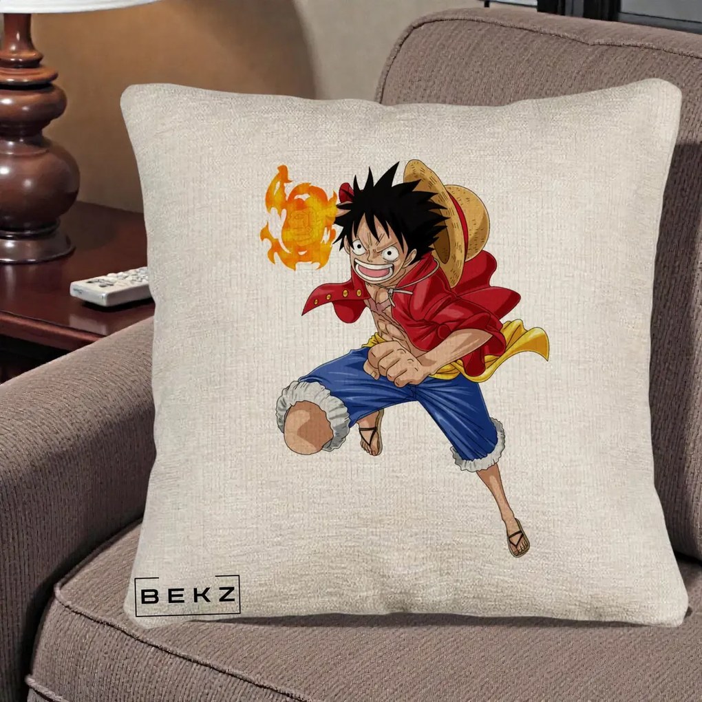 Perna Personalizata One Piece Luffy Gear Second Foc, 40x40 cm, Bej Canapea, Husa Detasabila, Perna Inclusa, BEKZ®