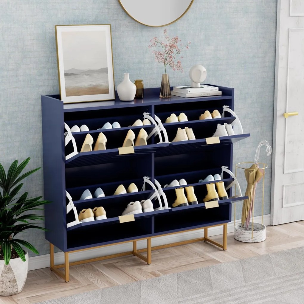 PANN5 - Pantofar 100 cm ingust, 4 compartimente, pantofare, depozitare pantofi, mobilier hol - Negru / Albastru / Gri - Auriu