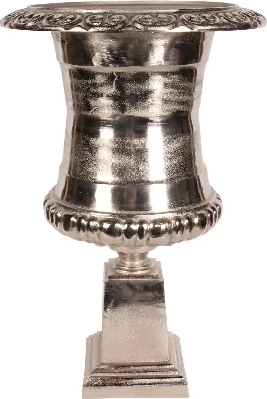 Ghiveci cu picior din aluminiu, argintiu, în formă de urnă înaltă, cu bază pătrată înaltă, finisaj nichelat, 71 x 48 cm, „Tivoli”